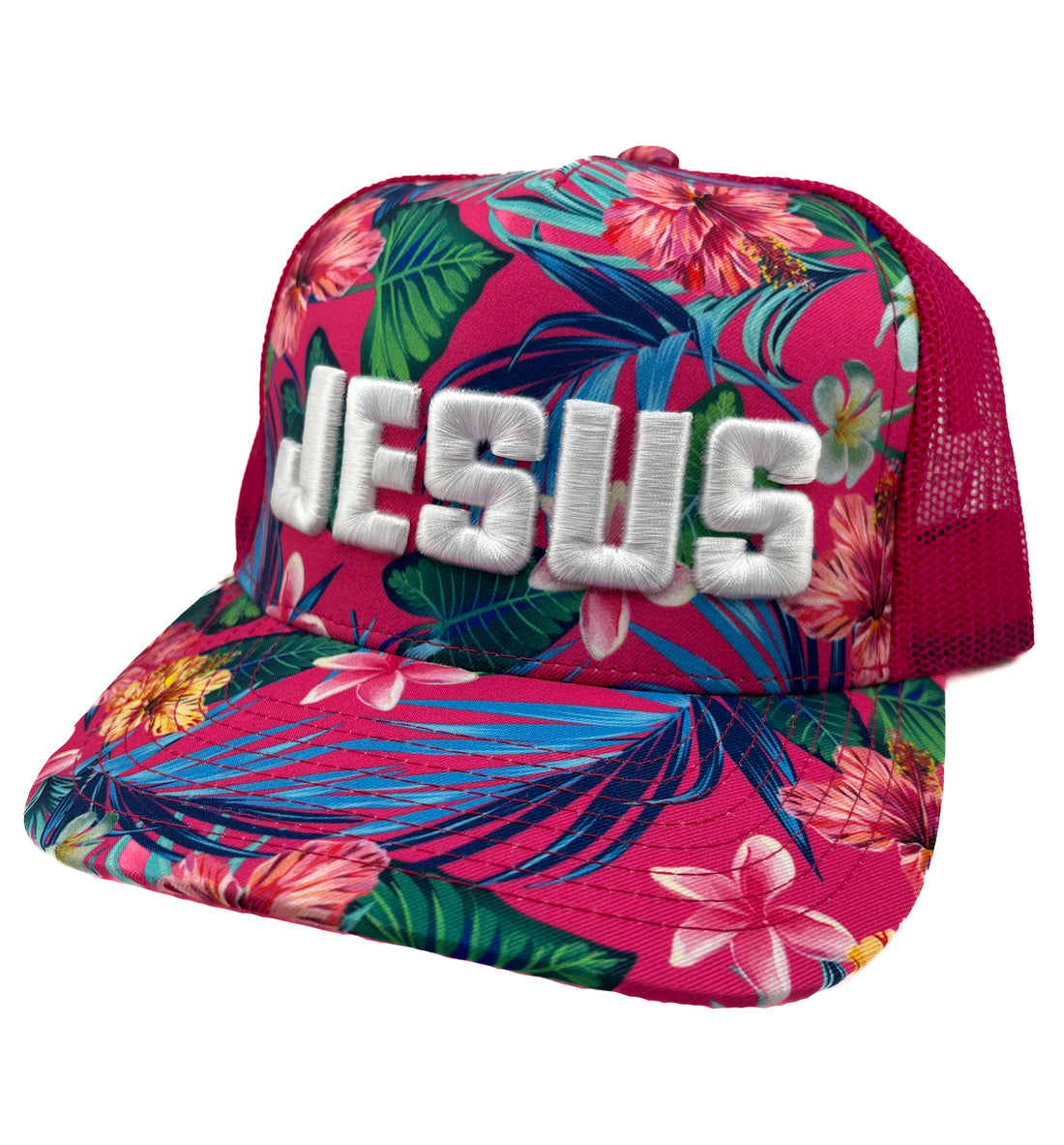Tropical Floral Trucker Hat with White "JESUS" Embroidery
